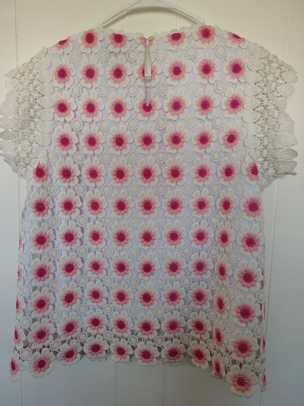 J. Crew Floral Lace Short Sleeve Top in White with Pink Flowers Size L